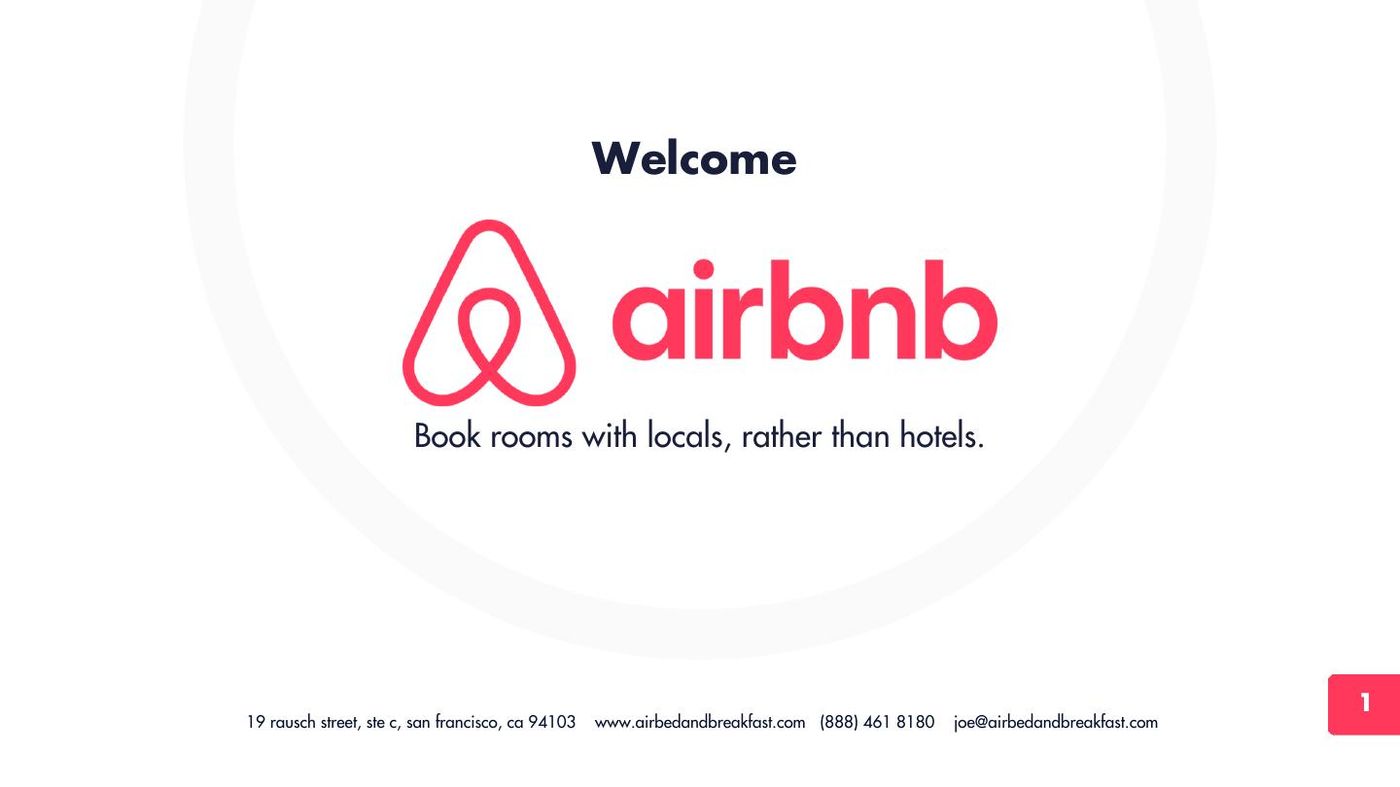 Cover slide of the Airbnb deck design: the Airbnb logo in coral above the line &lsquo;Book rooms with locals, rather than hotels&rsquo;.