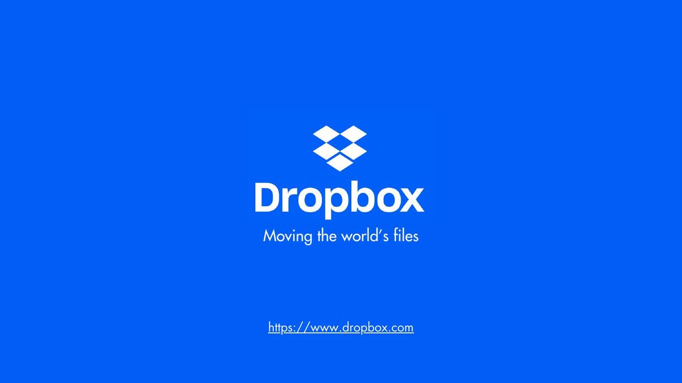 Cover slide of the Dropbox deck design: the Dropbox logo in white on a saturated blue field with the tagline &lsquo;Moving the world&rsquo;s files&rsquo;.