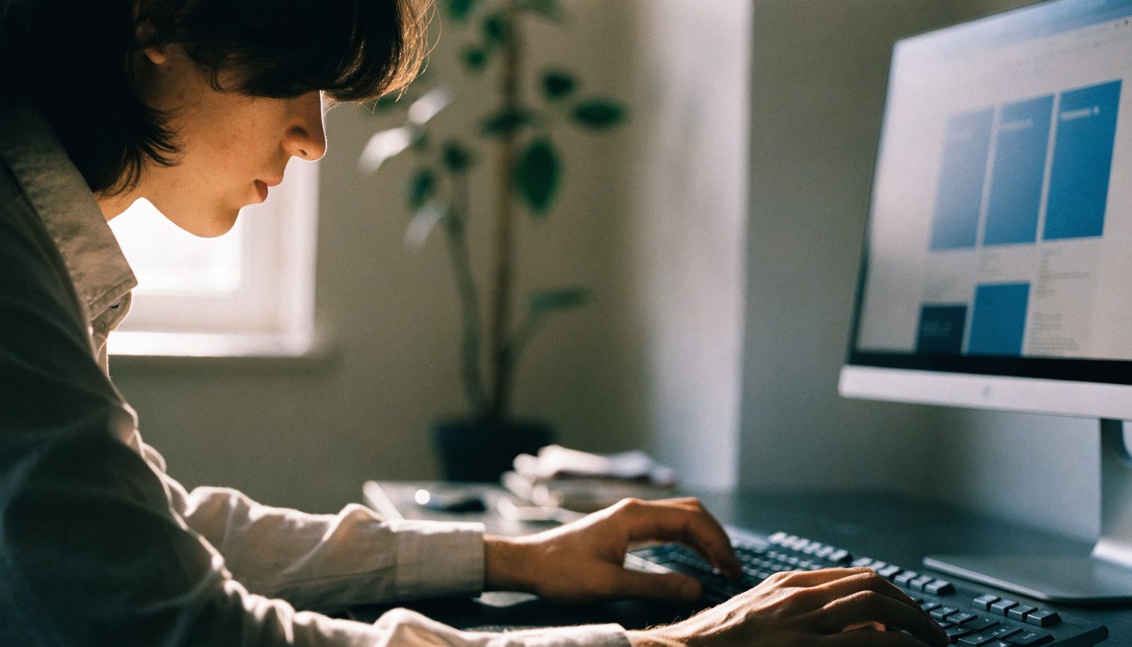 A designer working at a desk, a large monitor showing a blue and white website layout.